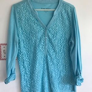 Nine West aqua roll sleeve lace front top